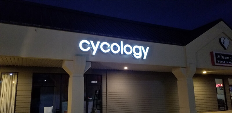 Cycology signage on the building