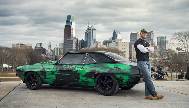 a camaro with vehicle wrap dedicated to the Wounded Warrior Project