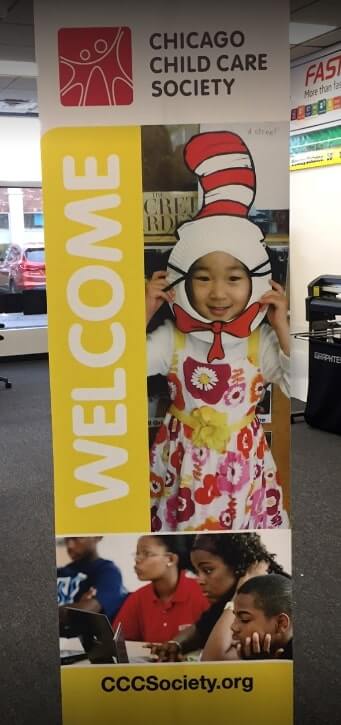 Colorful with image custom sign for Chicago child care society