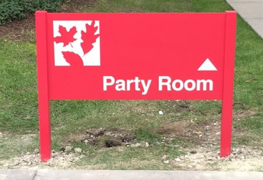 Red party room exterior signage