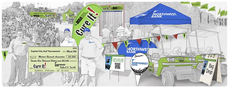 illustration showing examples of signage for golf event