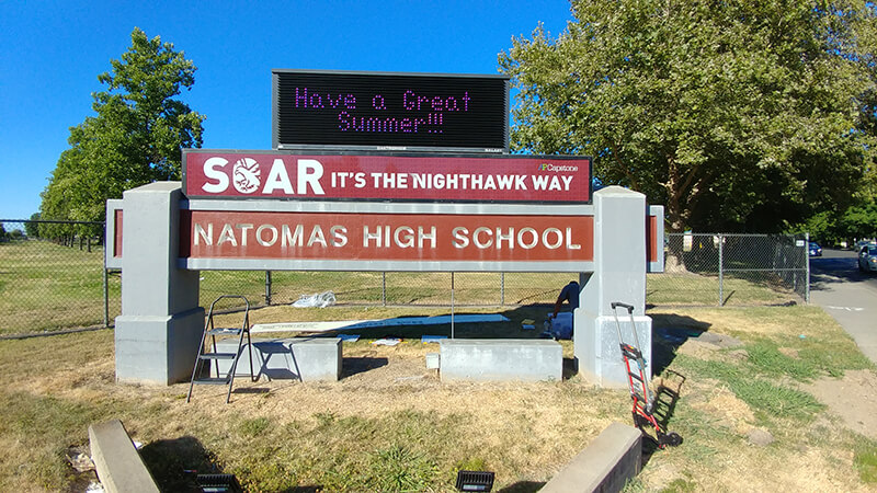 Natomas high school monument sign outside the campus