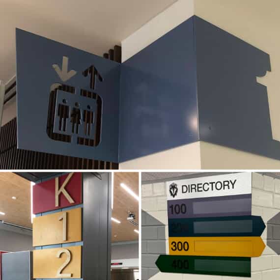 A collage of indoor directory and wayfinding signage.