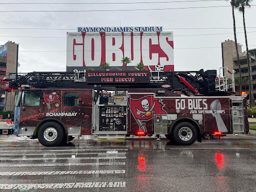 a fire truck is decorated with buccaneers themed wrap