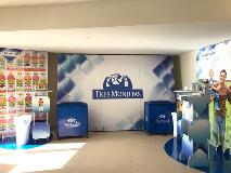 blue banner with graphics inside the building