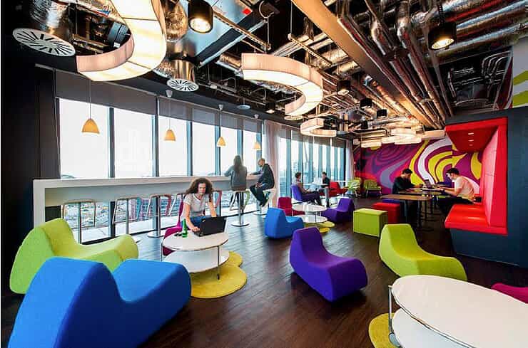 an office features bright colorful areas