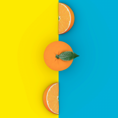 a graphic with oranges balances yellow and blue colors