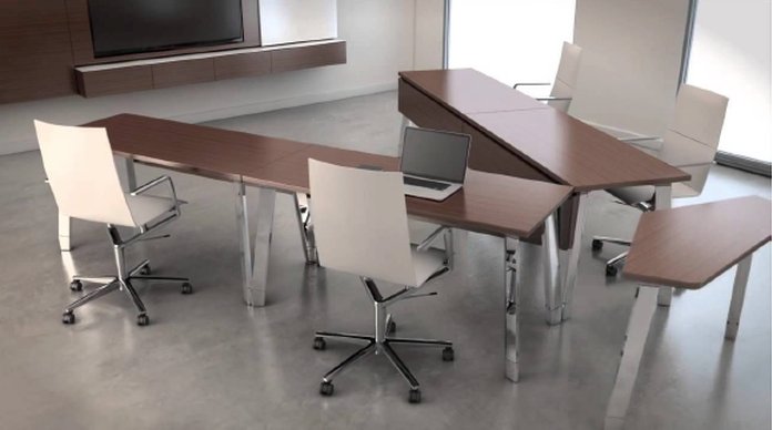 office tables are shaped into a triangle
