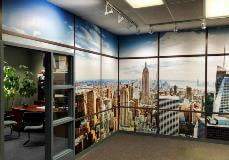 Wall wrapped with city scape image