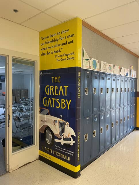 The Great Gatsby book graphics on the wall