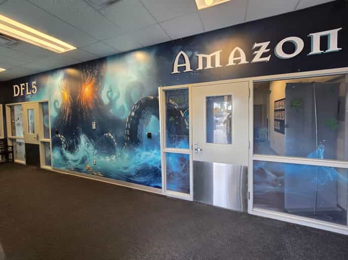 An image of an Amazon wall graphic with a kraken on it.