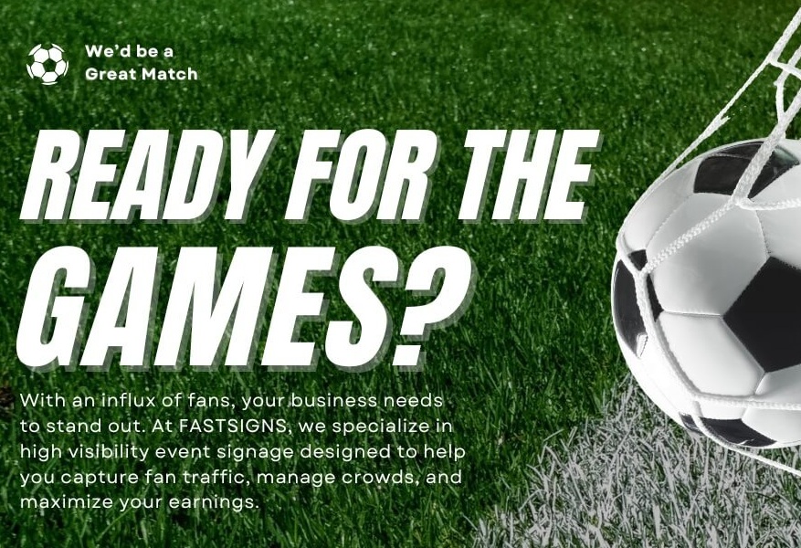 An image of a soccer ball as the World Cup signage approaches.