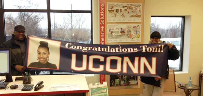 a banner congratulates Toni Brown of UConn