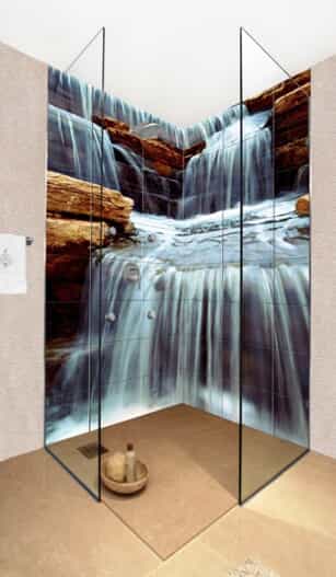 Shower walls are decorated to look like a waterfall