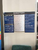 Directory sign on the wall with different department names