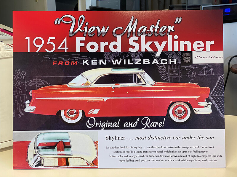 View Master 1954 Ford Skyliner custom banner with red car image and details