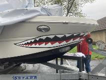 grey boat with shark graphics