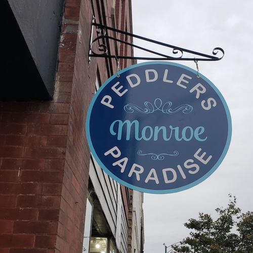 Business name hanging sign on the building